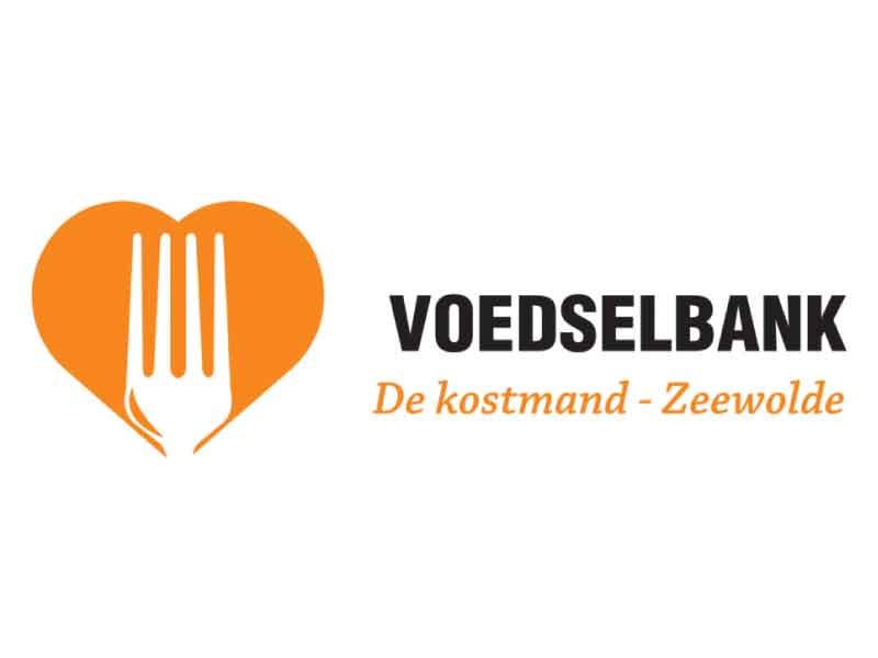 Logo van voedselbank met oranje hart en vork erin.