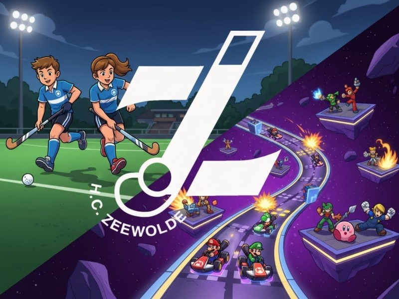 Animatie van kinderen met hockeysticks en een virtuele wereld.