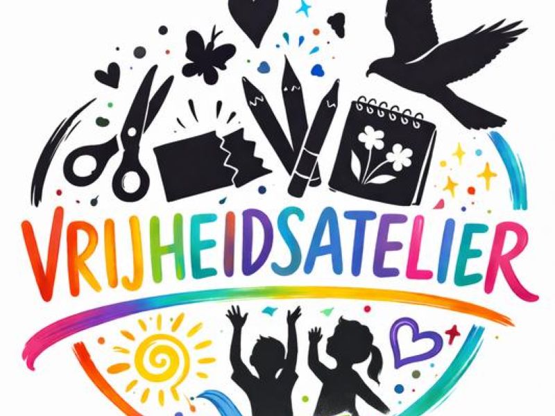 Een soort logo getekend van het vrijheidsatelier, met kinderen, schaar, potloden, papier, een vrijheidsduif en regenboog kleuren