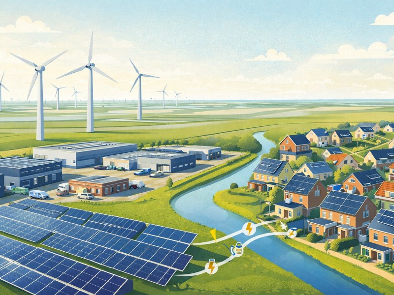 Afbeelding gegenereerd door Ai met woningen, zonnepanelen, windturbines, bedrijven