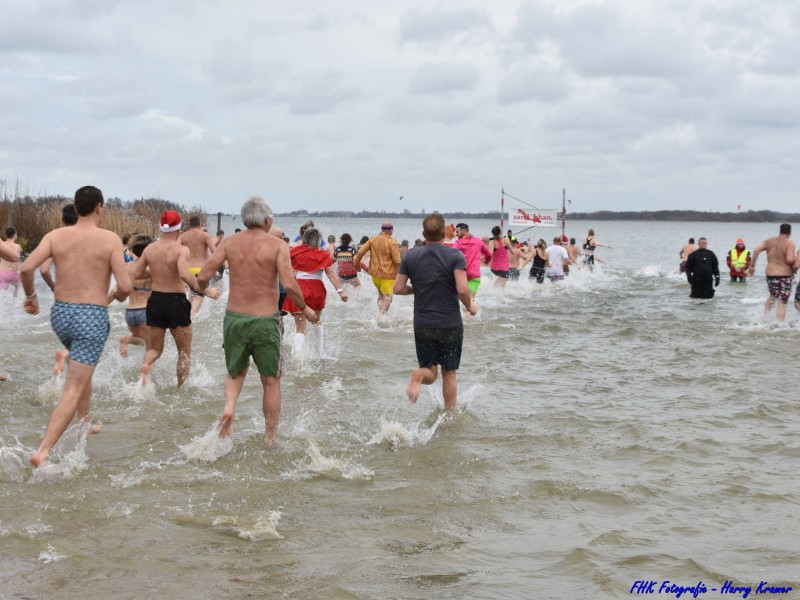 Deelnemers aan de nieuwjaarsduik het water in