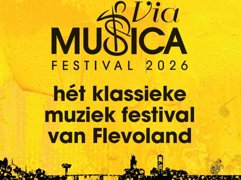 De bovenste helft van de Flyer met Via Musica, met het klassieke muziek festival van Flevoland