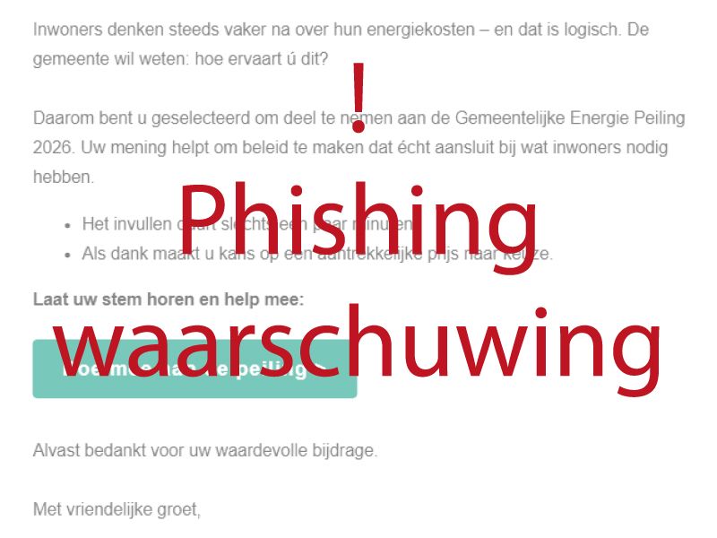 Gemeente Zeewolde waarschuwt voor valse e-mail over energiepeiling