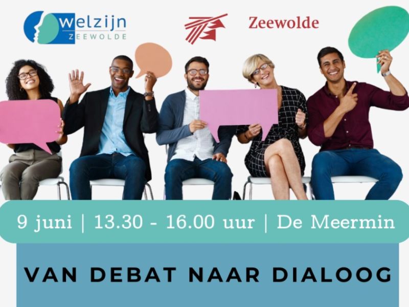 Een deel van de flyer van DEBAT NAAR DIALOOG met logo Welzijn Zeewolde en gemeente Zeewolde