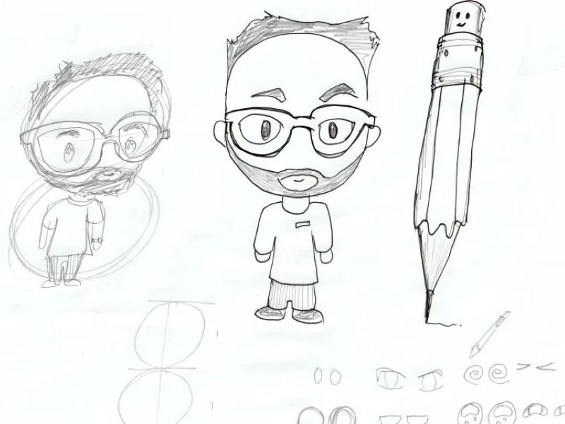 Een schets van een Chibi tekening met mannetje, potlood erop en wat tekens