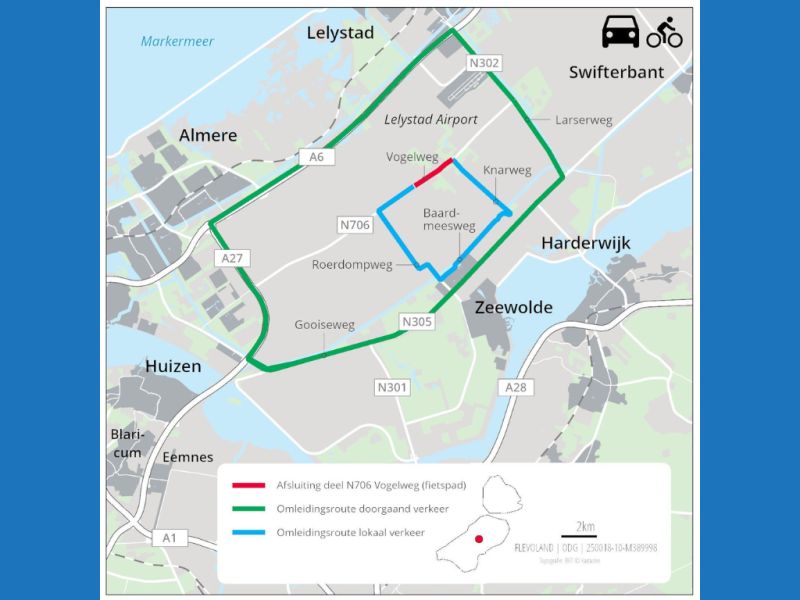Vogelweg (N706) twee weken afgesloten door werkzaamheden bij Knardijk