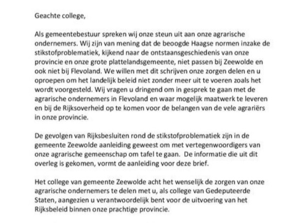 Gemeente Zeewolde steunt boeren met stikstofbrief