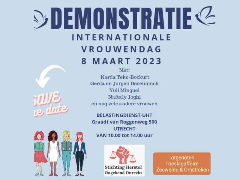 Flyer met informatie over de demonstratie in Utrecht op 8 maart 2023