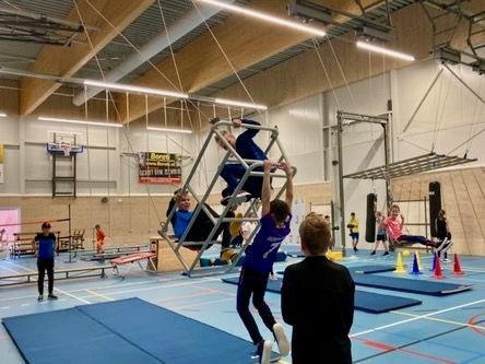 kinderen in een gymzaal die over toestellen klimmen