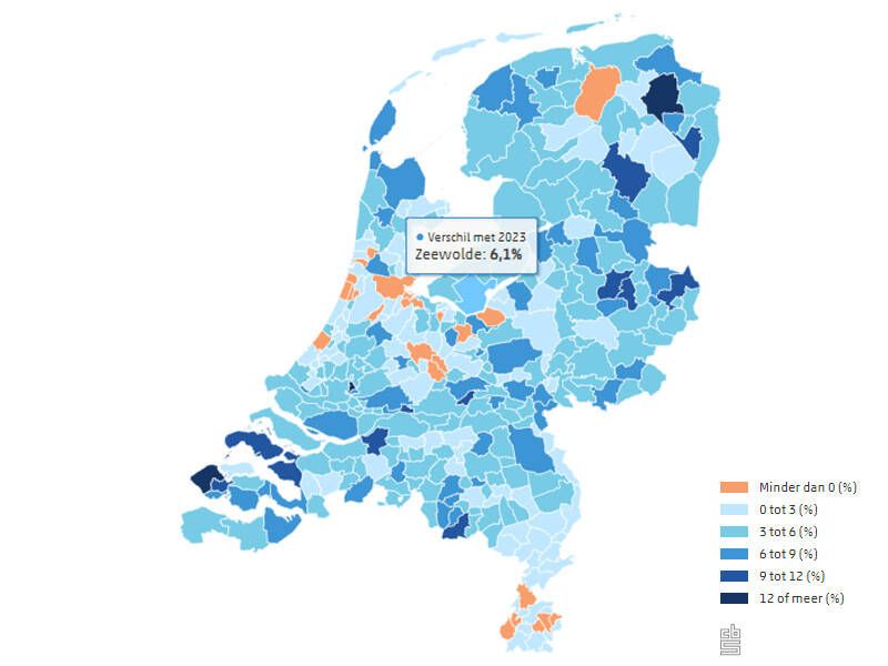 Kaartje van Nederland met de vlekken waar de WOZ het hardste is gestegen