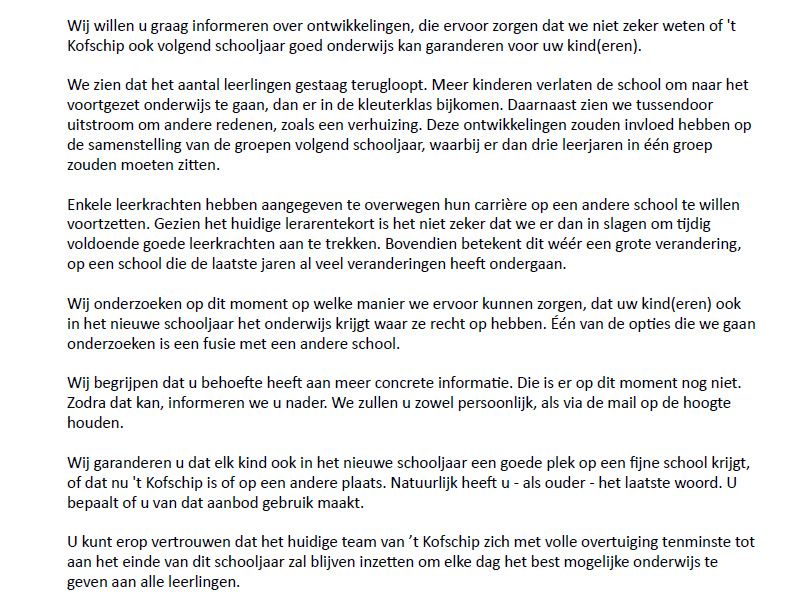 brief aan de ouders van 't kofschip in Zeewolde