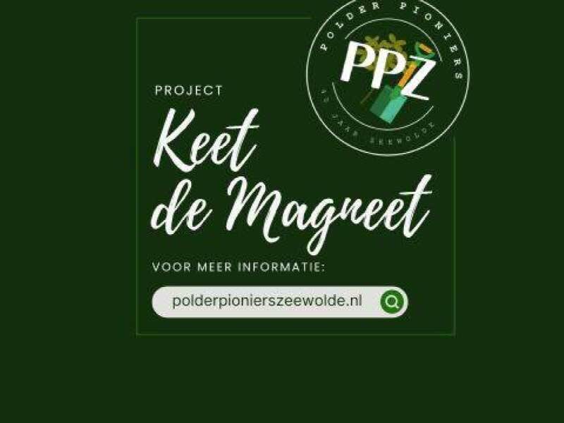 Logo Keet de Magneet met webadres en logo Polderpioniers Zeewolde 