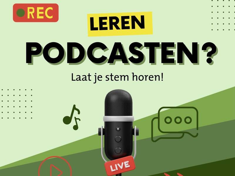 een tekening van een microfoon met een groene achtergrond en de tekst leren podcasten 