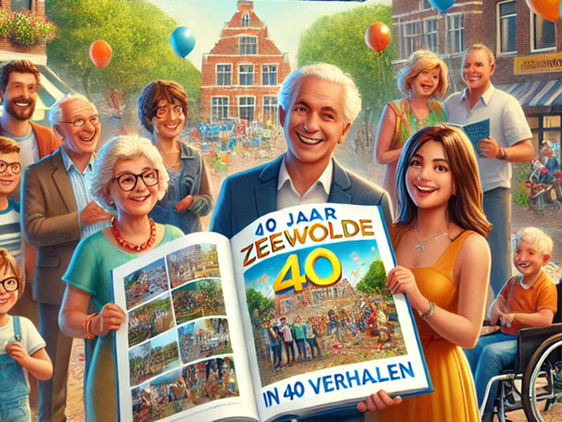 Illustratie met mensen die een boek 40 jaar Zeewolde vasthouden