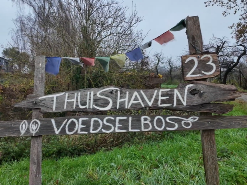 Bord met tekst van voedselbos erop en gekleurde vlaggetjes aan de bovenkant.