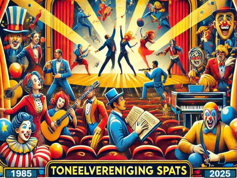 Een AI afbeelding van Toneelvereniging Spats in het theater enigszins clownesk met allerlei theaterfiguren door de hele zaal en op het theater