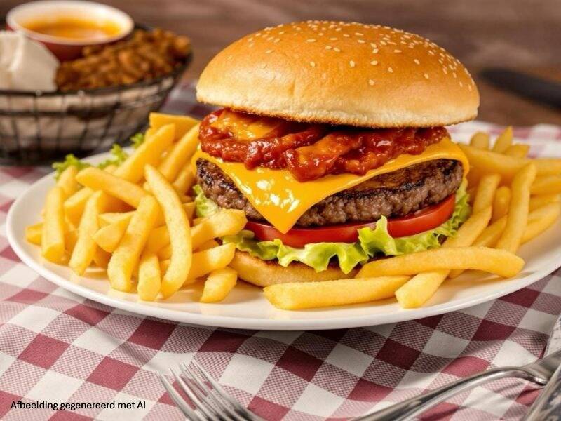Bord met hamburger en friet op rood wit geblokt tafelkleed