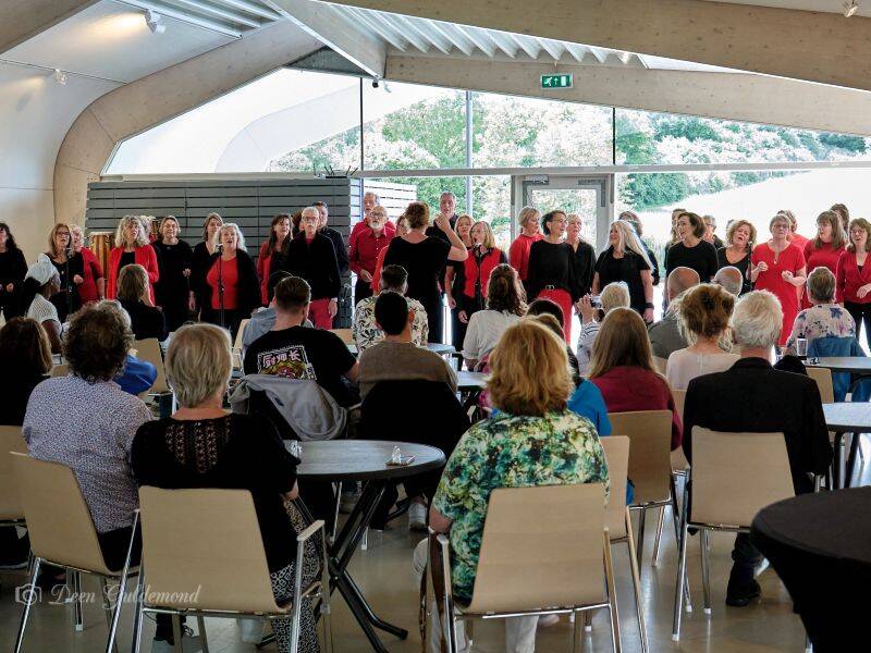 koor met zwart rode kleding aan, publiek op de achtergrond zittend aan tafels.