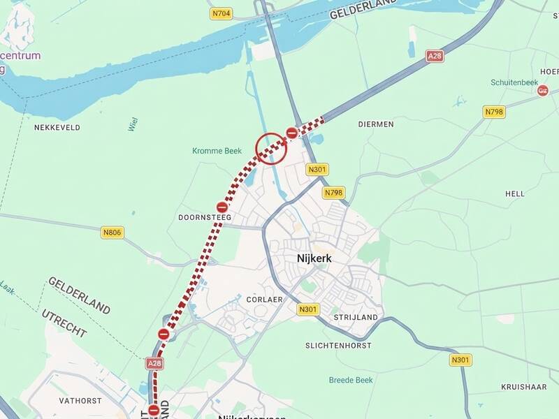 A28 bij Nijkerk naar Amersfoort in beide richtingen dicht