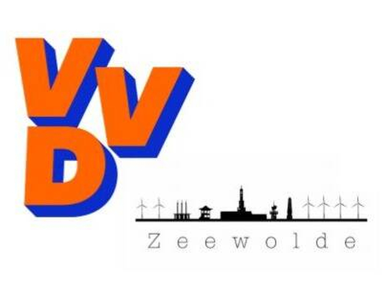 Het logo van VVD met de Zeewolde skyline van Robinotof er naast